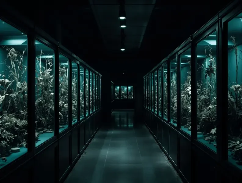 惊悚暗夜 - 蜜桃影视 惊悚暗夜主题配图,冷光下单排玻璃标本柜与干枯植物
